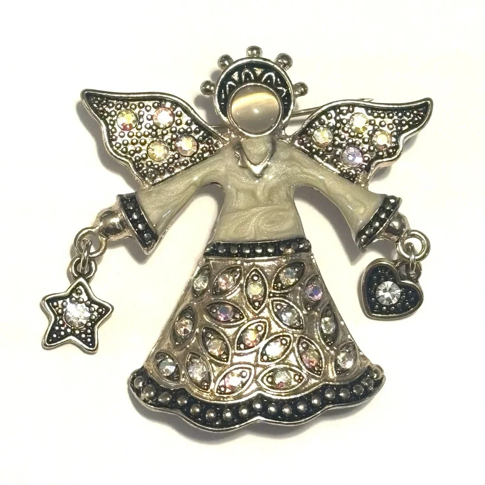 KC Angel Brooch Silver Tone Enamel Rhinestone Dangle Star Heart Cat Eye Cabochon
